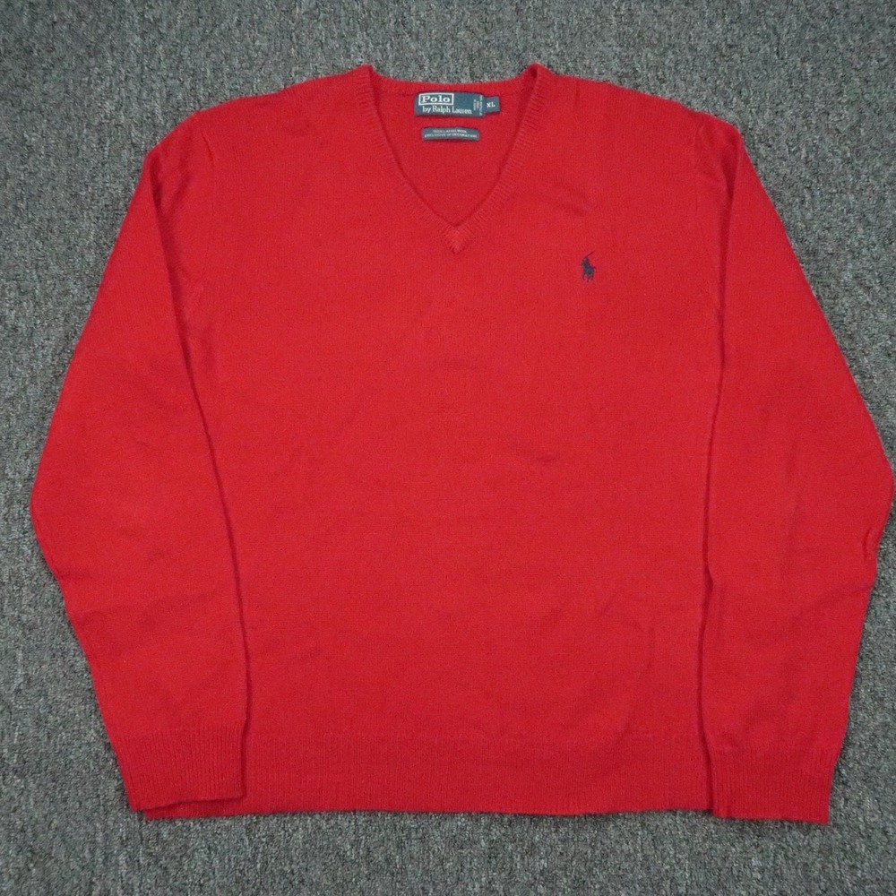 Polo Ralph Lauren Sweater Mens XL Red Wool Lambswool V Neck‎ Knit Italian Yarn